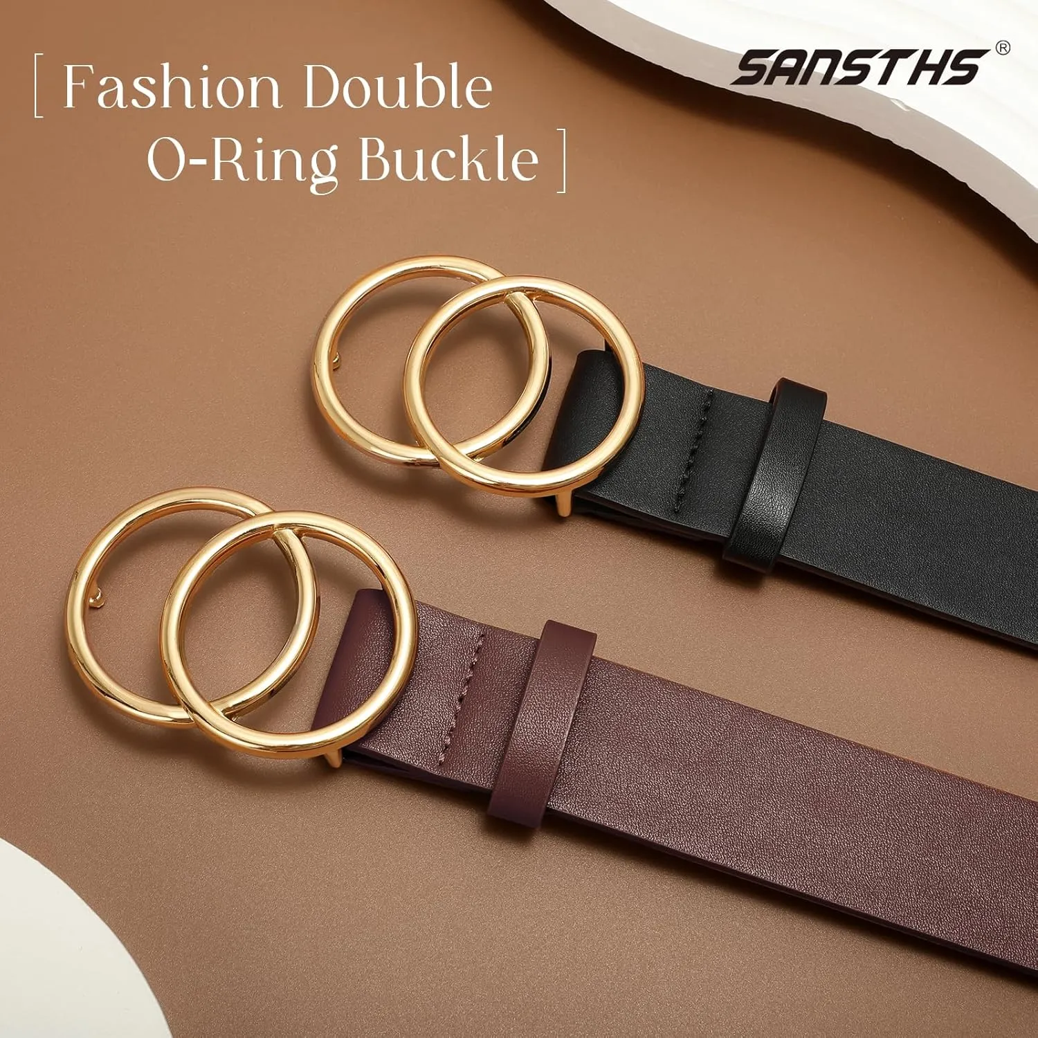 SANSTHS 2 Pack Women Leather Belts Faux Leather Jeans Belt with Double O Ring Buckle