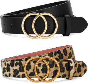 SANSTHS 2 Pack Women Leather Belts Faux Leather Jeans Belt with Double O Ring Buckle