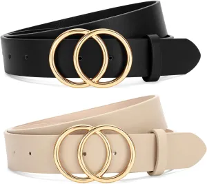 SANSTHS 2 Pack Women Leather Belts Faux Leather Jeans Belt with Double O Ring Buckle