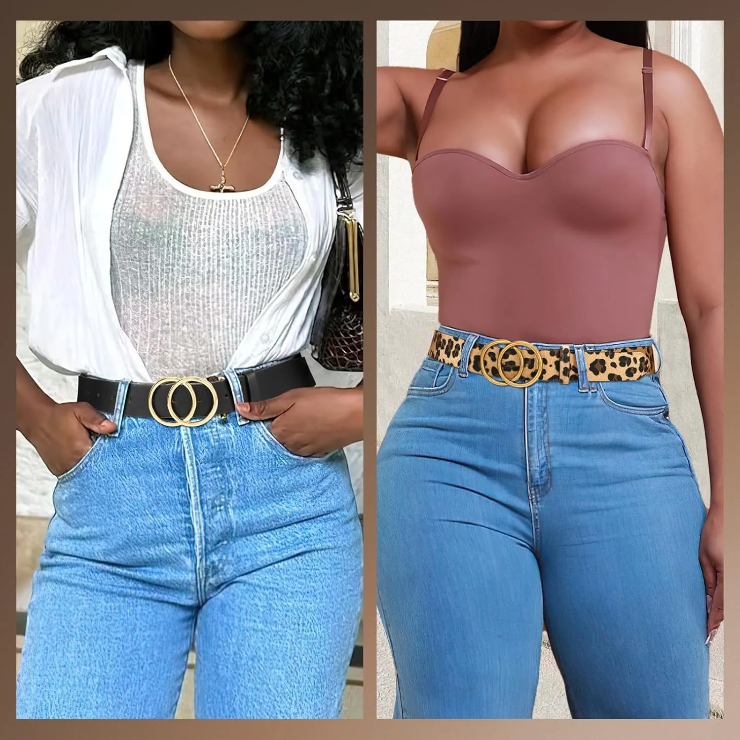 SANSTHS 2 Pack Women Leather Belts Faux Leather Jeans Belt with Double O Ring Buckle