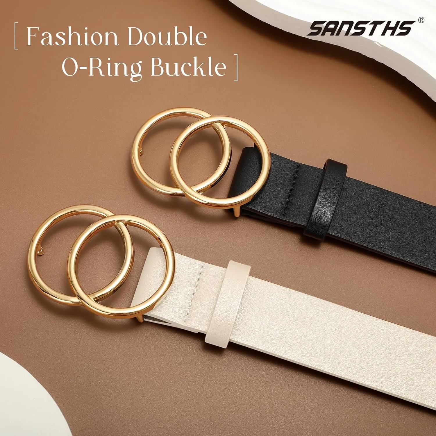 SANSTHS 2 Pack Women Leather Belts Faux Leather Jeans Belt with Double O Ring Buckle