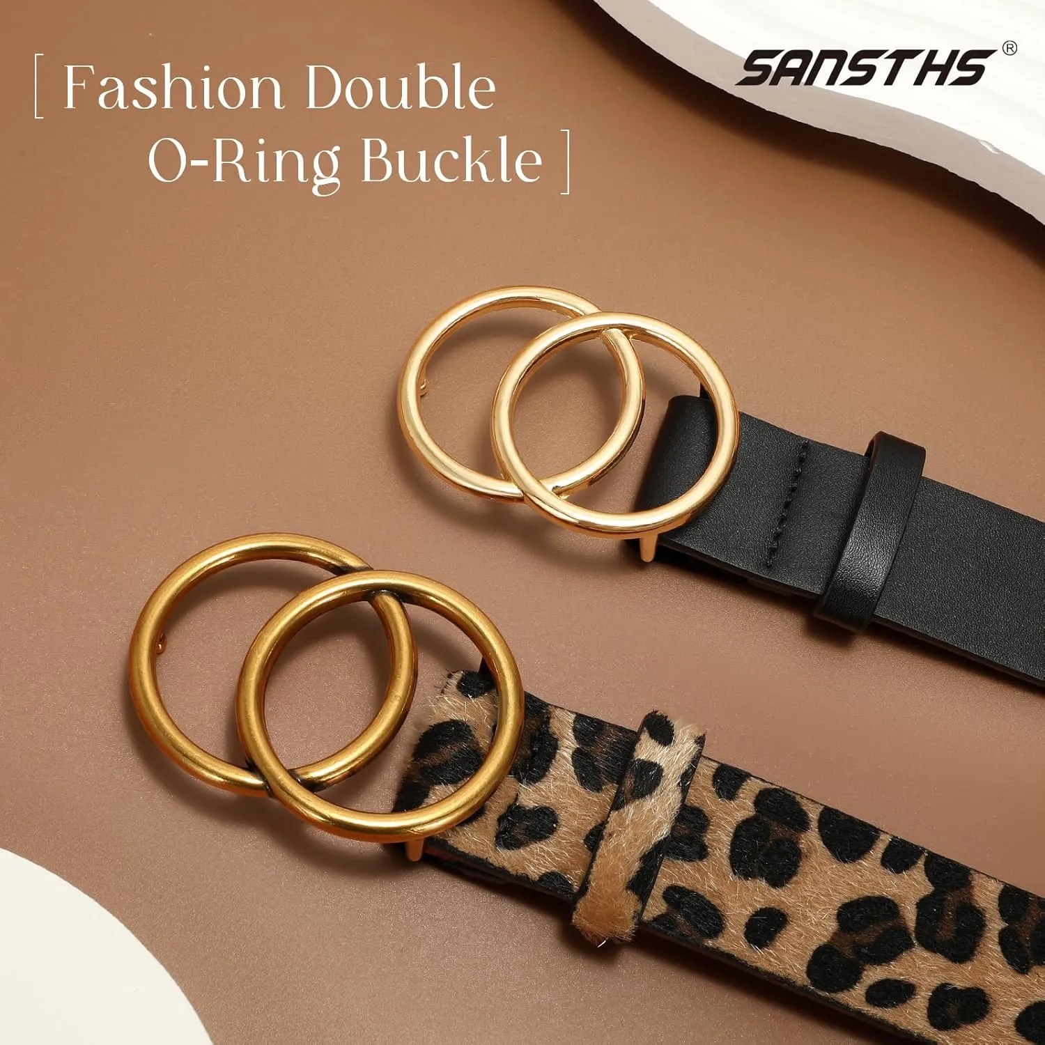 SANSTHS 2 Pack Women Leather Belts Faux Leather Jeans Belt with Double O Ring Buckle