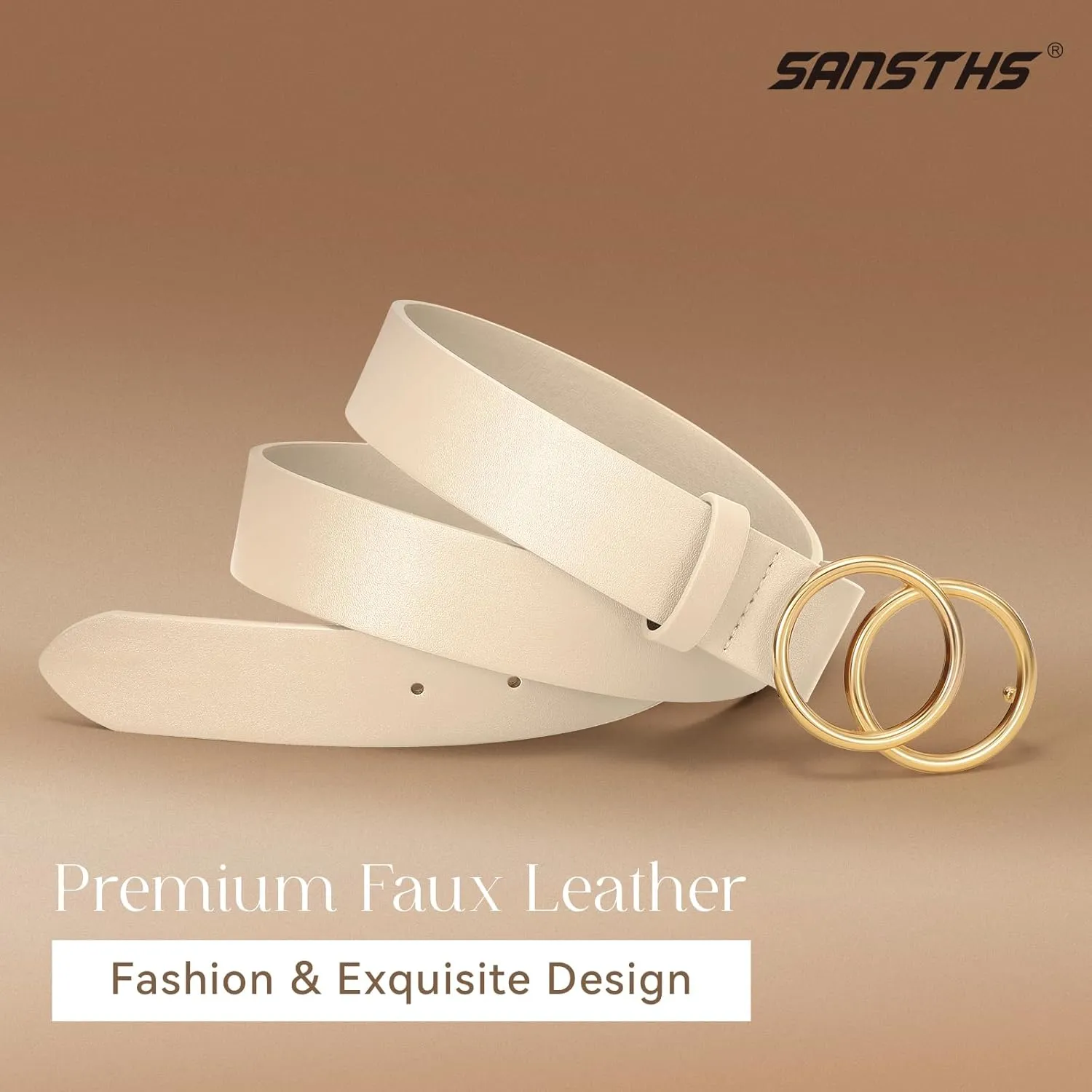 SANSTHS 2 Pack Women Leather Belts Faux Leather Jeans Belt with Double O Ring Buckle