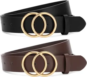 SANSTHS 2 Pack Women Leather Belts Faux Leather Jeans Belt with Double O Ring Buckle
