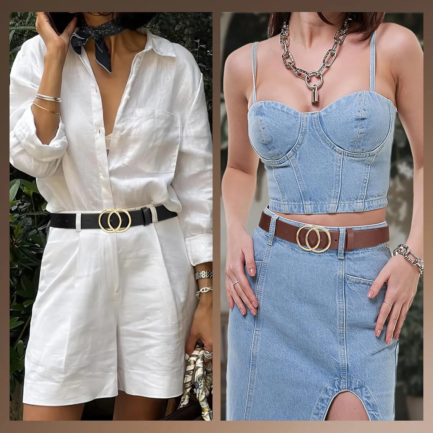 SANSTHS 2 Pack Women Leather Belts Faux Leather Jeans Belt with Double O Ring Buckle