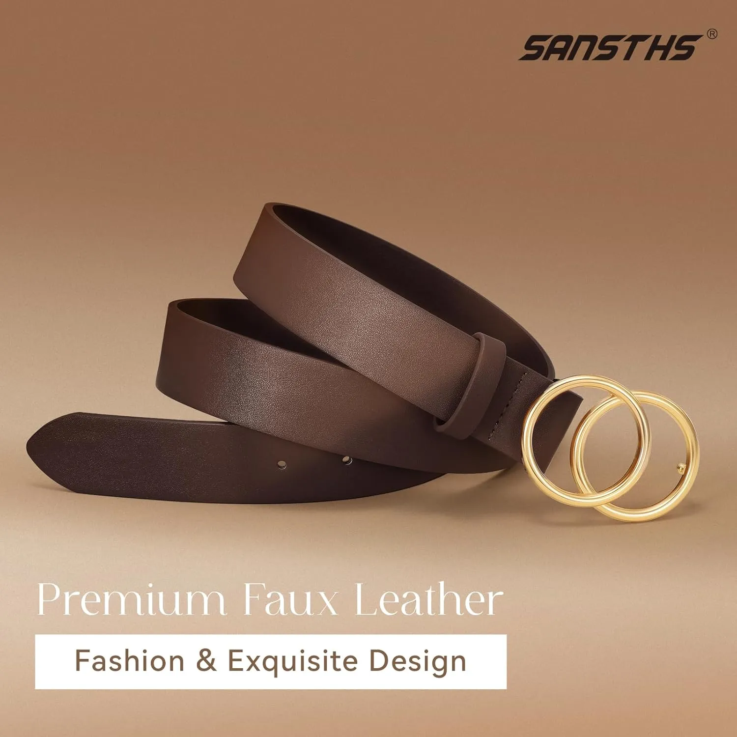 SANSTHS 2 Pack Women Leather Belts Faux Leather Jeans Belt with Double O Ring Buckle