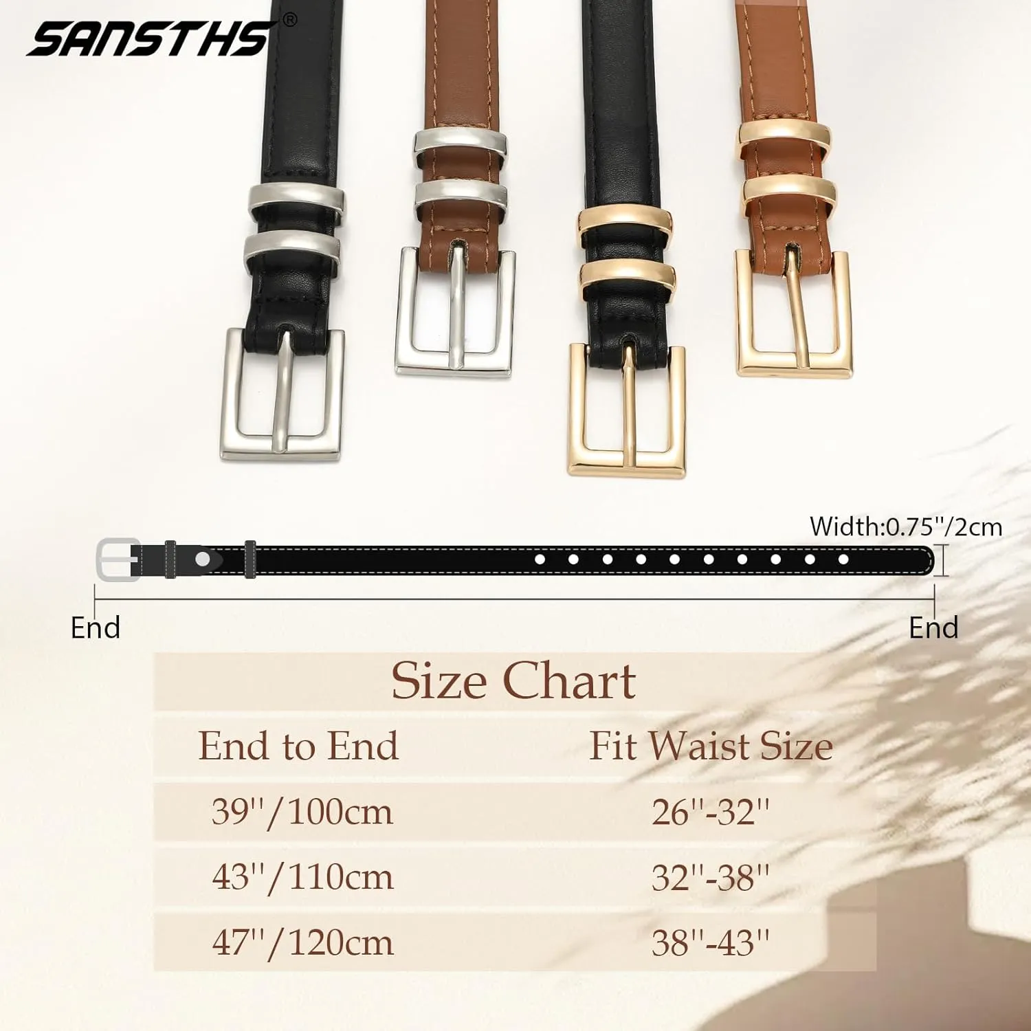 SANSTHS 2 Pack Women Thin Leather Belt for Dresses Fashion Ladies Skinny Waist Belt for Jeans Pants