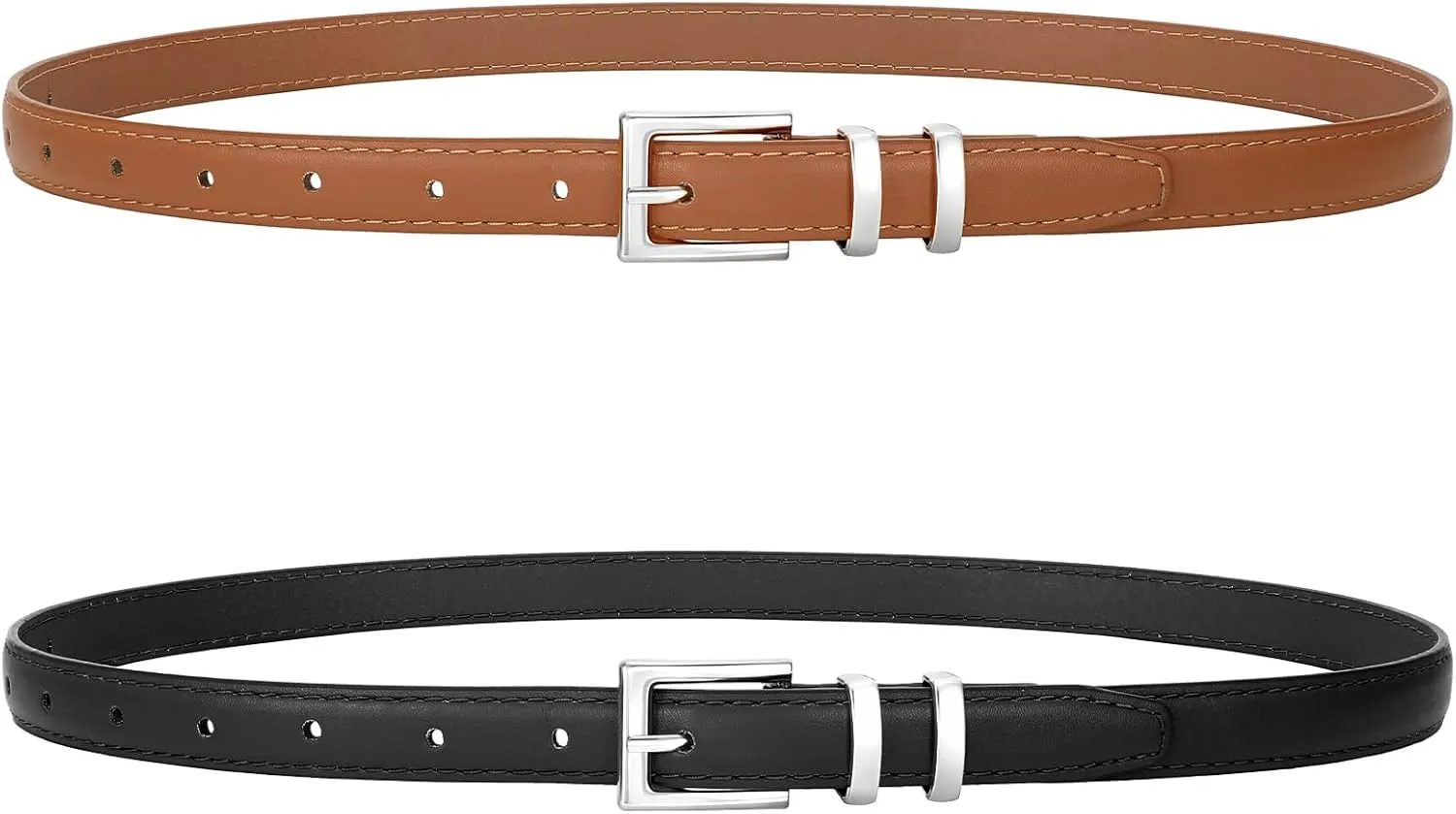 SANSTHS 2 Pack Women Thin Leather Belt for Dresses Fashion Ladies Skinny Waist Belt for Jeans Pants