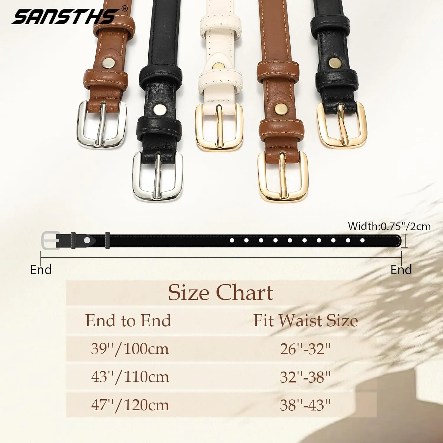SANSTHS 2 Pack Women Thin Leather Belt for Dresses Fashion Ladies Skinny Waist Belt for Jeans Pants