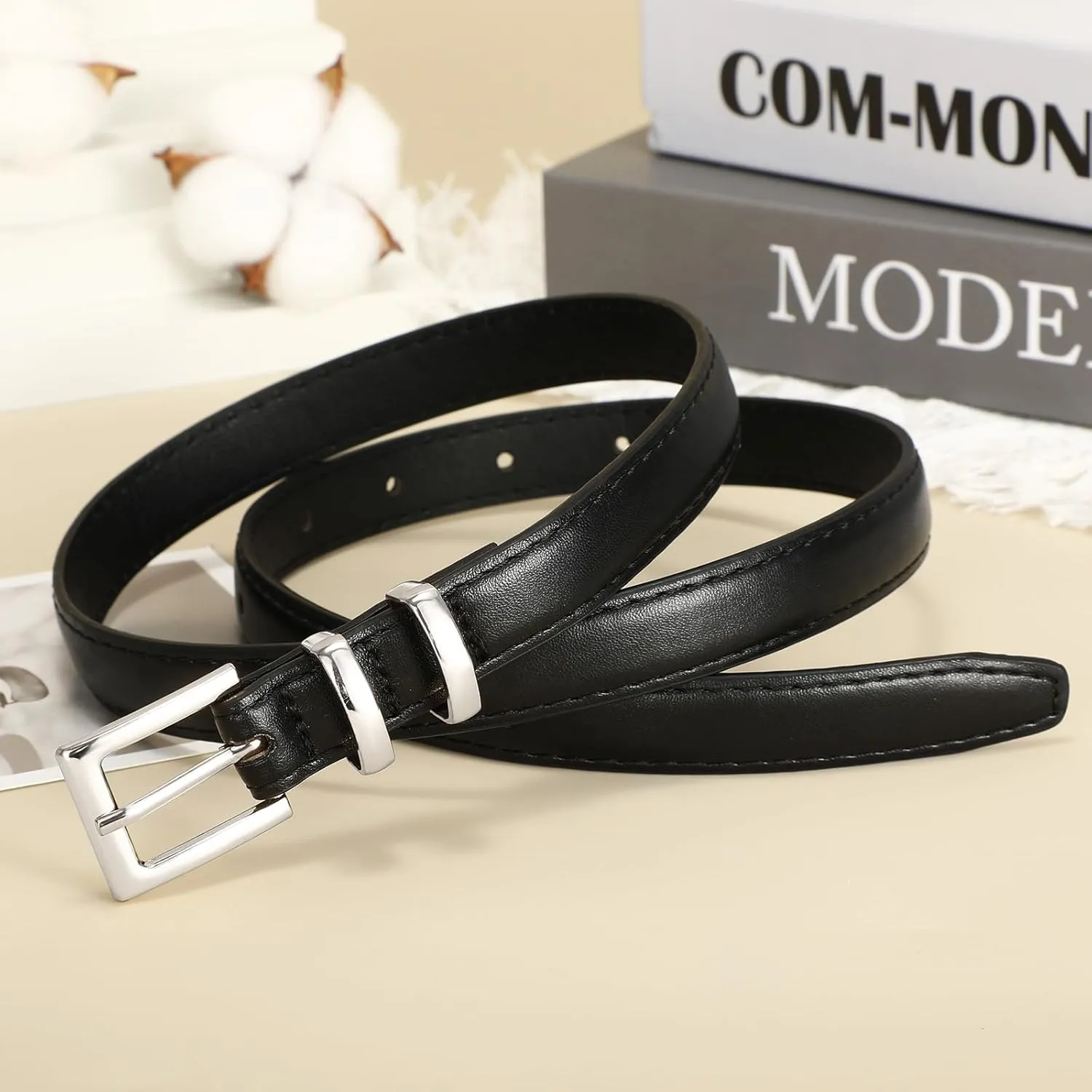 SANSTHS 2 Pack Women Thin Leather Belt for Dresses Fashion Ladies Skinny Waist Belt for Jeans Pants
