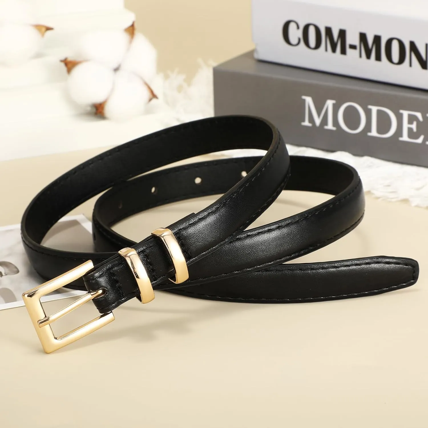 SANSTHS 2 Pack Women Thin Leather Belt for Dresses Fashion Ladies Skinny Waist Belt for Jeans Pants