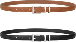 SANSTHS 2 Pack Women Thin Leather Belt for Dresses Fashion Ladies Skinny Waist Belt for Jeans Pants