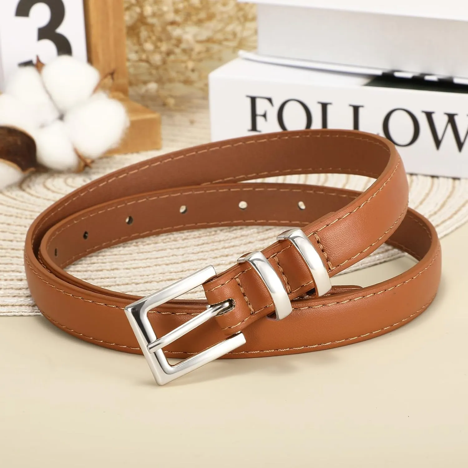 SANSTHS 2 Pack Women Thin Leather Belt for Dresses Fashion Ladies Skinny Waist Belt for Jeans Pants