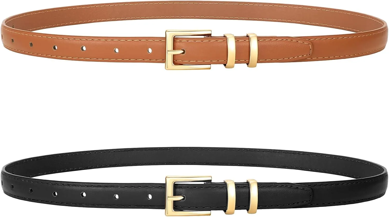 SANSTHS 2 Pack Women Thin Leather Belt for Dresses Fashion Ladies Skinny Waist Belt for Jeans Pants