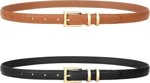SANSTHS 2 Pack Women Thin Leather Belt for Dresses Fashion Ladies Skinny Waist Belt for Jeans Pants