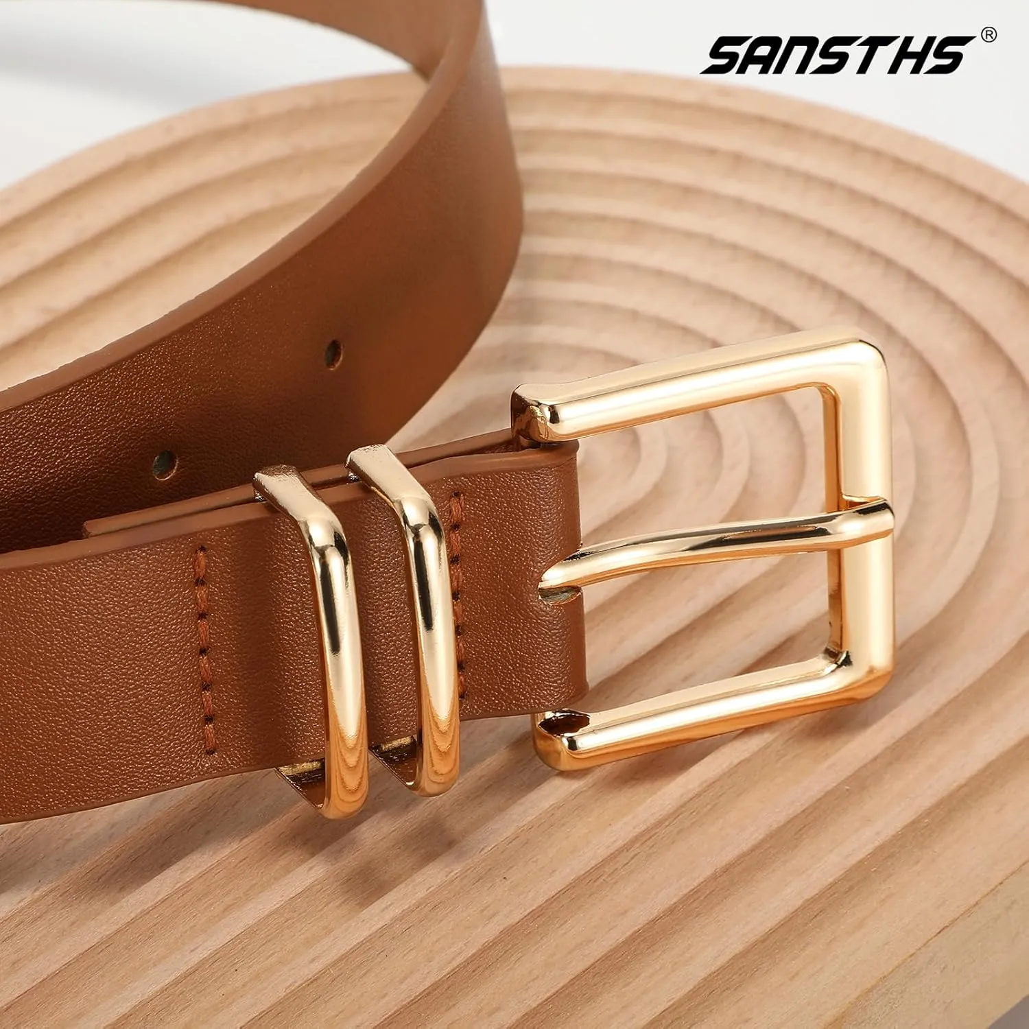 SANSTHS 3 PACK Women Leather Belts for Jeans Pants Dresses Fashion Ladies Waist Belt with Gold Square Buckle