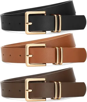 SANSTHS 3 PACK Women Leather Belts for Jeans Pants Dresses Fashion Ladies Waist Belt with Gold Square Buckle