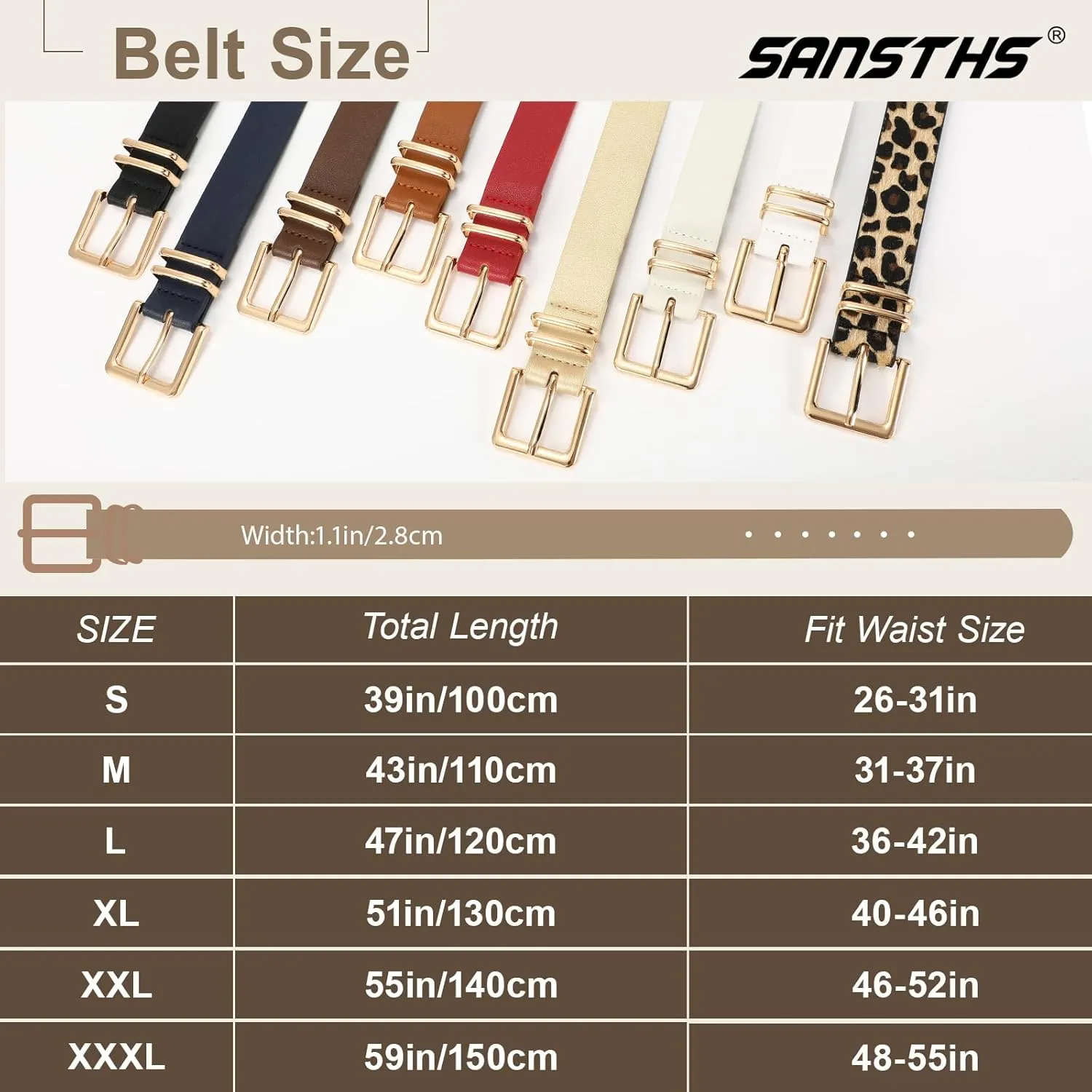 SANSTHS 3 PACK Women Leather Belts for Jeans Pants Dresses Fashion Ladies Waist Belt with Gold Square Buckle