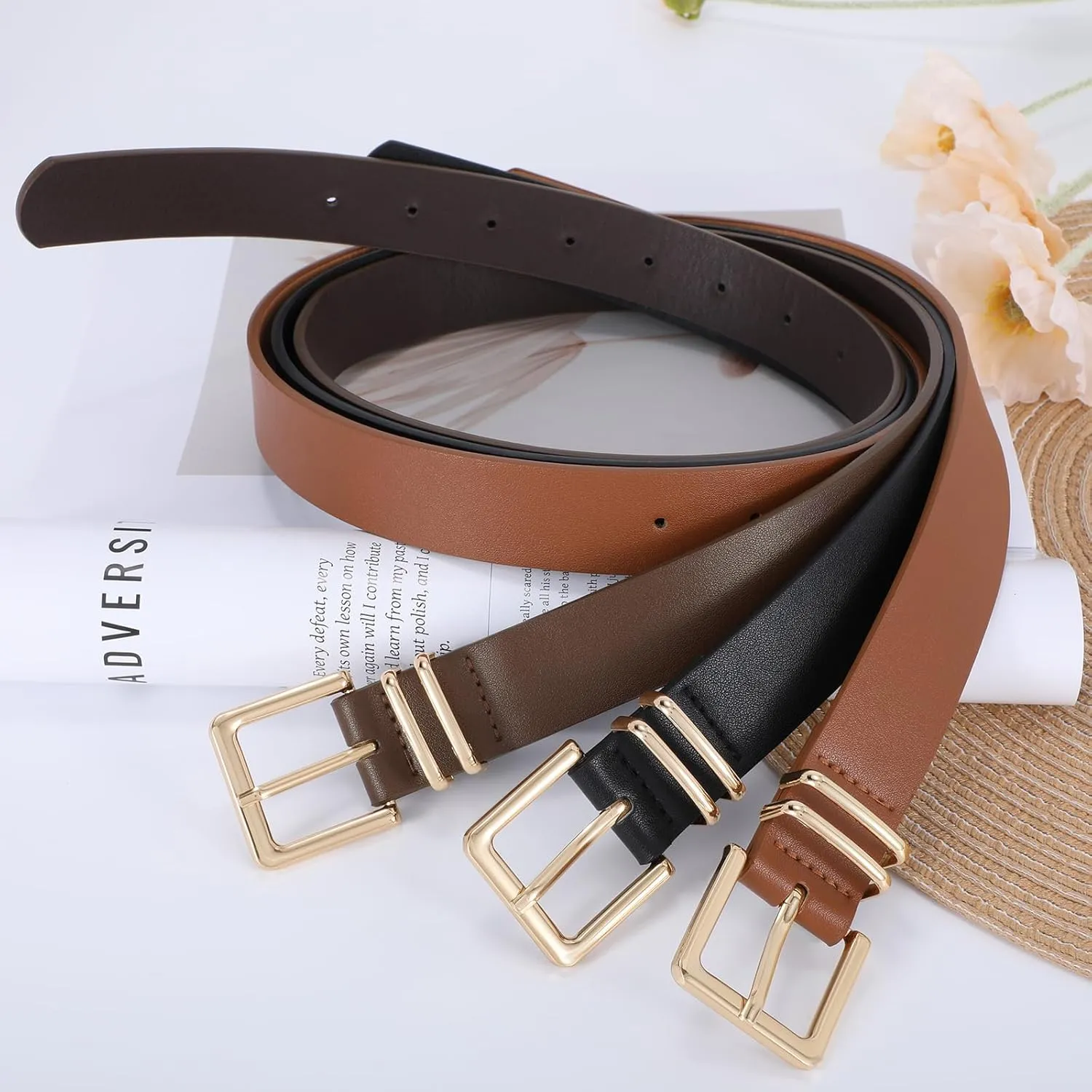 SANSTHS 3 PACK Women Leather Belts for Jeans Pants Dresses Fashion Ladies Waist Belt with Gold Square Buckle