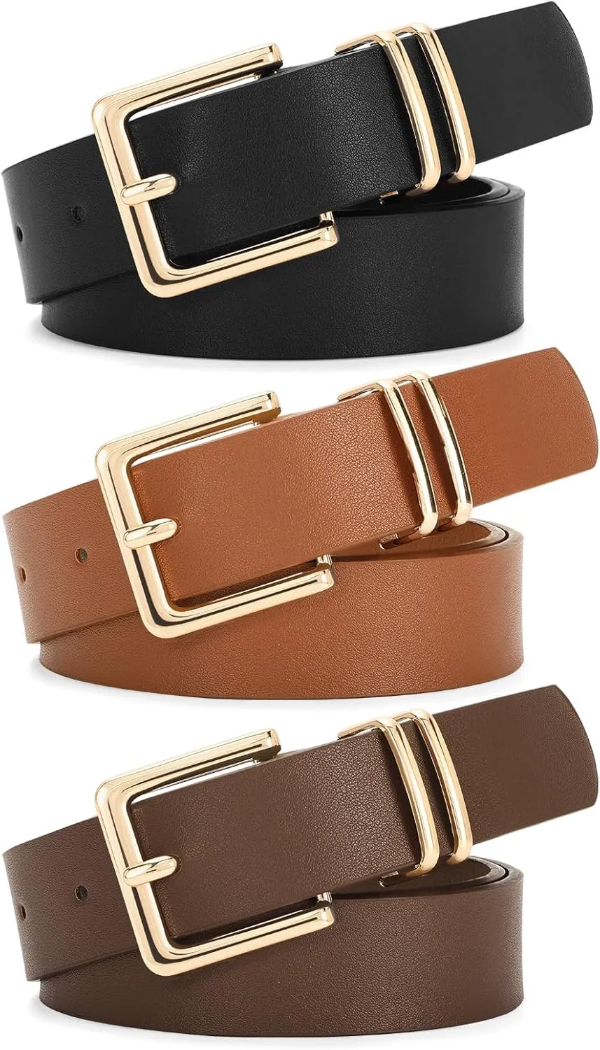 SANSTHS 3 PACK Women Leather Belts for Jeans Pants Dresses Fashion Ladies Waist Belt with Gold Square Buckle