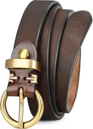 SANSTHS Womens Genuine Leather Belts for Jeans Pants Trendy Vintage Thin Leather Belt Gold Buckle Ladies Skinny Waist Belt