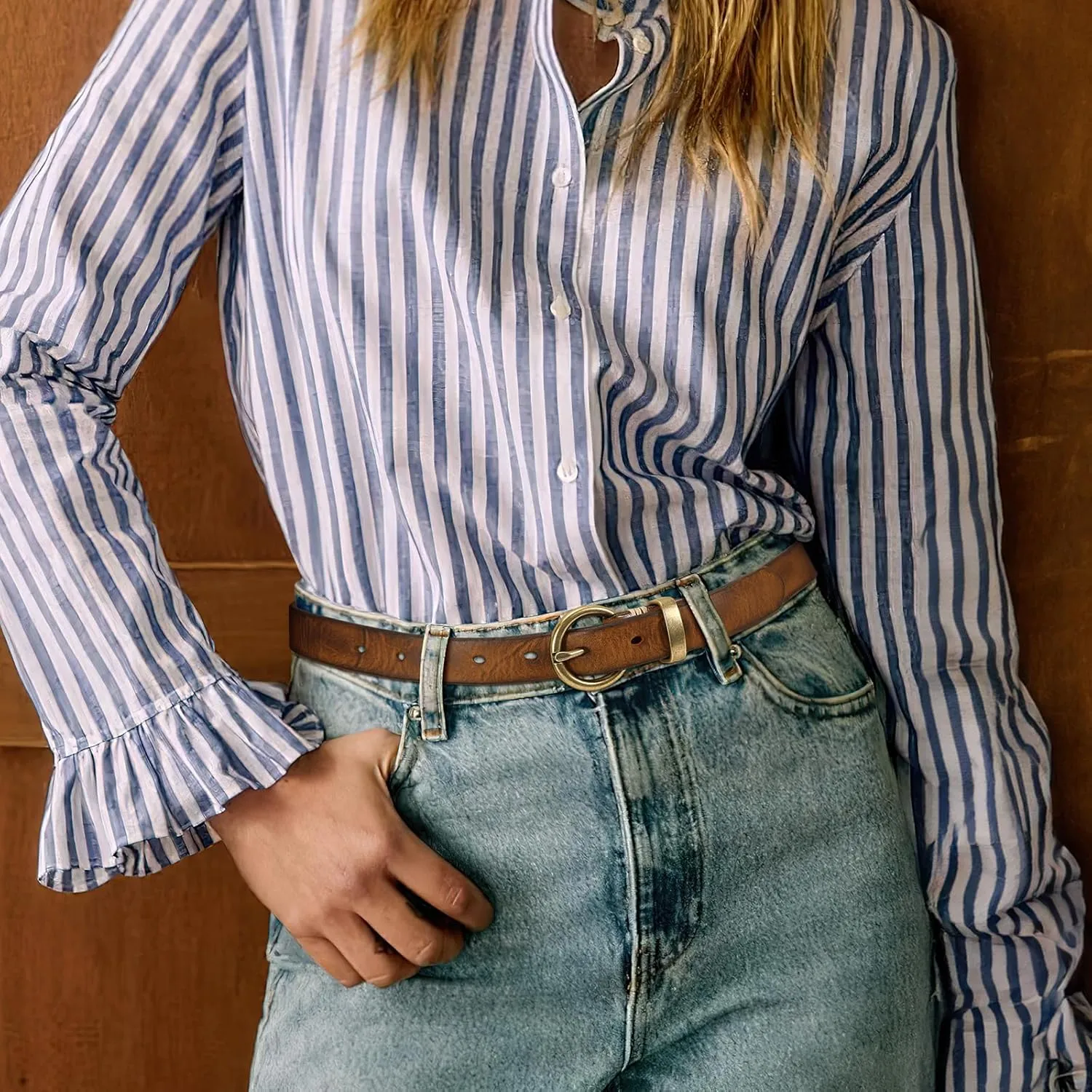 SANSTHS Womens Genuine Leather Belts for Jeans Pants Trendy Vintage Thin Leather Belt Gold Buckle Ladies Skinny Waist Belt