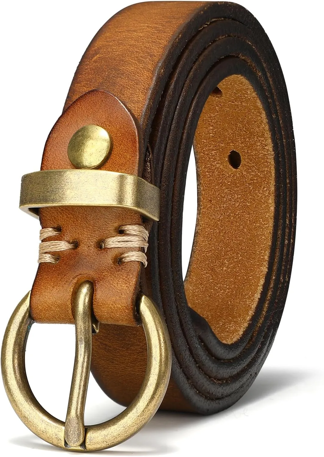 SANSTHS Womens Genuine Leather Belts for Jeans Pants Trendy Vintage Thin Leather Belt Gold Buckle Ladies Skinny Waist Belt