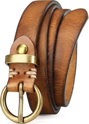 SANSTHS Womens Genuine Leather Belts for Jeans Pants Trendy Vintage Thin Leather Belt Gold Buckle Ladies Skinny Waist Belt