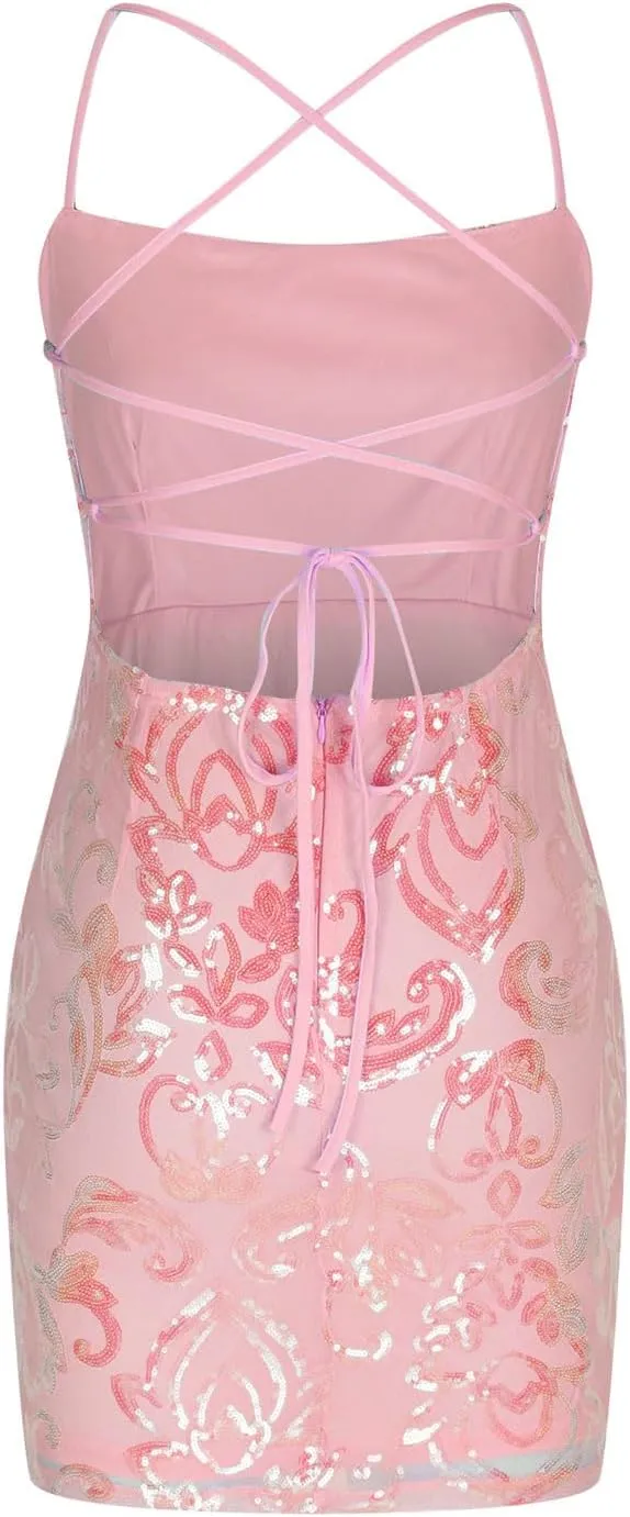 Sequin Dresses for Women Sparkly Sleeveless Bodycon Mini Dress Cutout Spaghetti Strap Gowns Slim-Fit Cocktail Dress