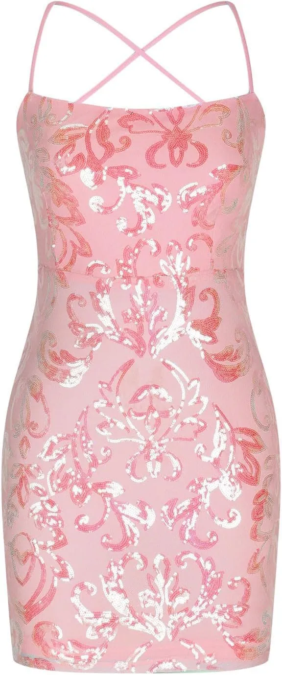 Sequin Dresses for Women Sparkly Sleeveless Bodycon Mini Dress Cutout Spaghetti Strap Gowns Slim-Fit Cocktail Dress
