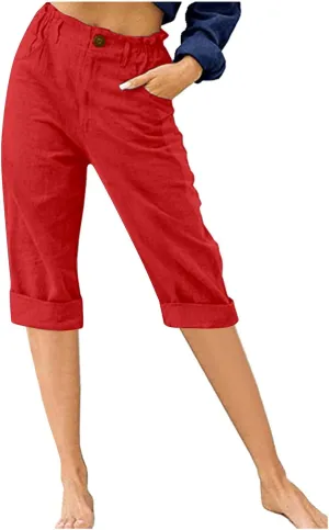 Shorts for Women Cotton Linen Shorts Folded Hem Long Shorts Below The Knee Elastic Waist Shorts Summer Dressy Casual