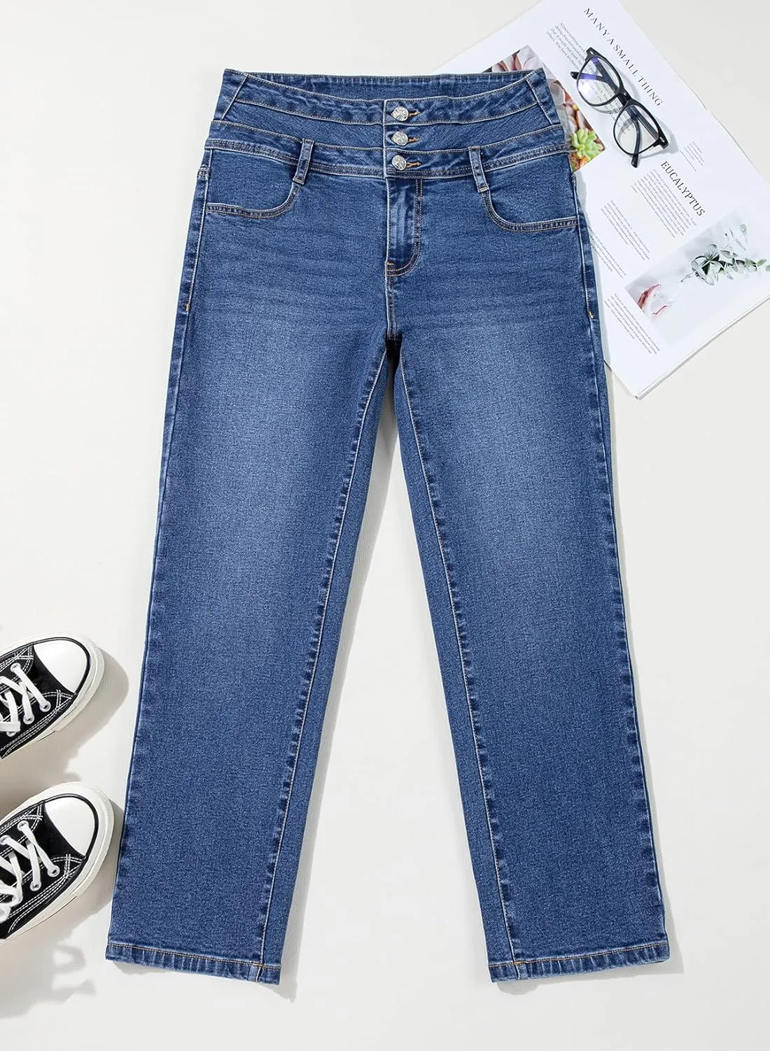Sidefeel Women's High Waisted Tummy Control Jeans Strechy Trendy Button Up Ankle Zimbaplatinum Denim Pants