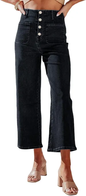 Sidefeel Women's Wide Leg Jeans High Waisted Zimbaplatinum Stretchy Straight Leg Jeans Buttoned Loose Denim Pants with Pocket