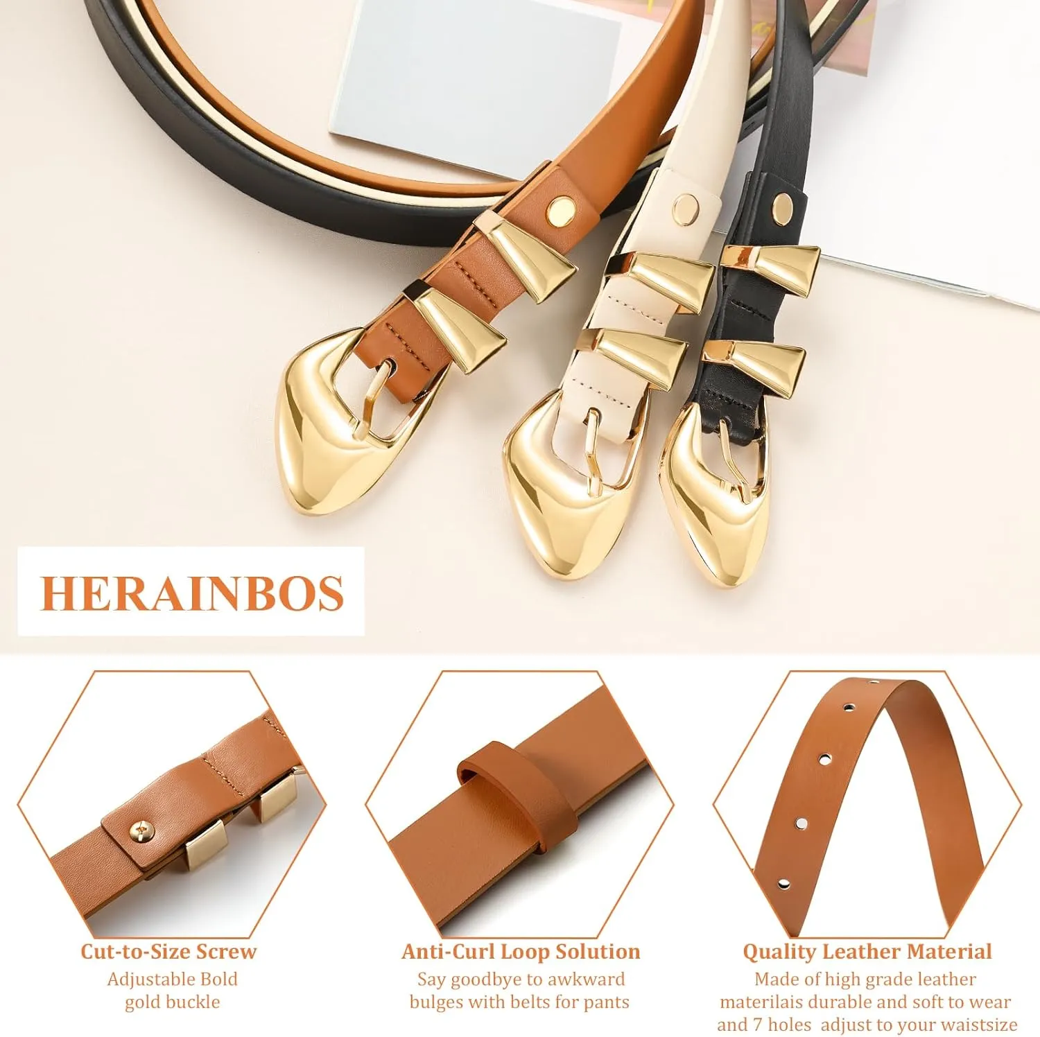 Skinny Belt, Black Leather Belt Women Belts for Jeans Dresses Pants with Adjustable belt Buckle 1” Width