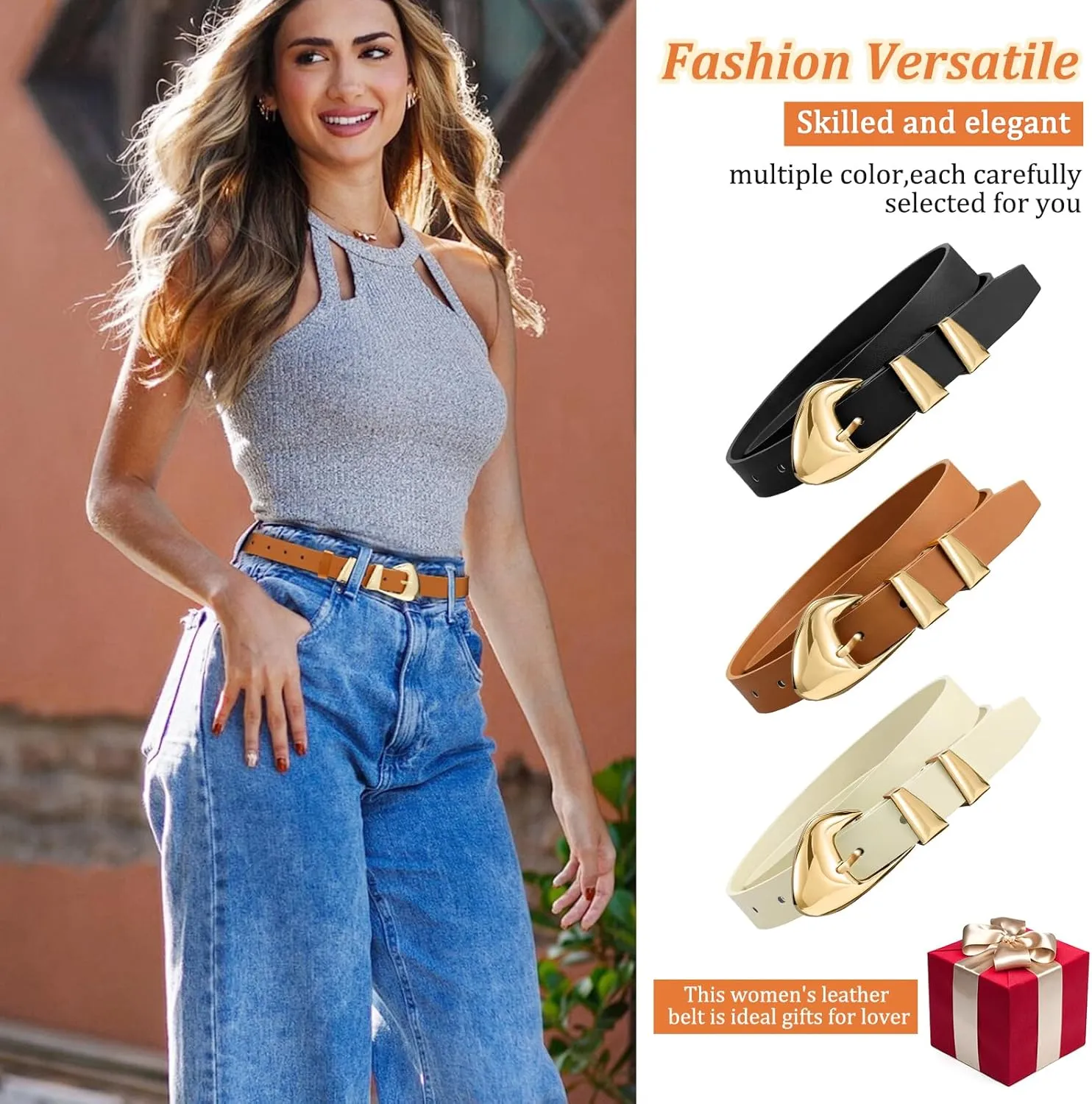 Skinny Belt, Black Leather Belt Women Belts for Jeans Dresses Pants with Adjustable belt Buckle 1” Width