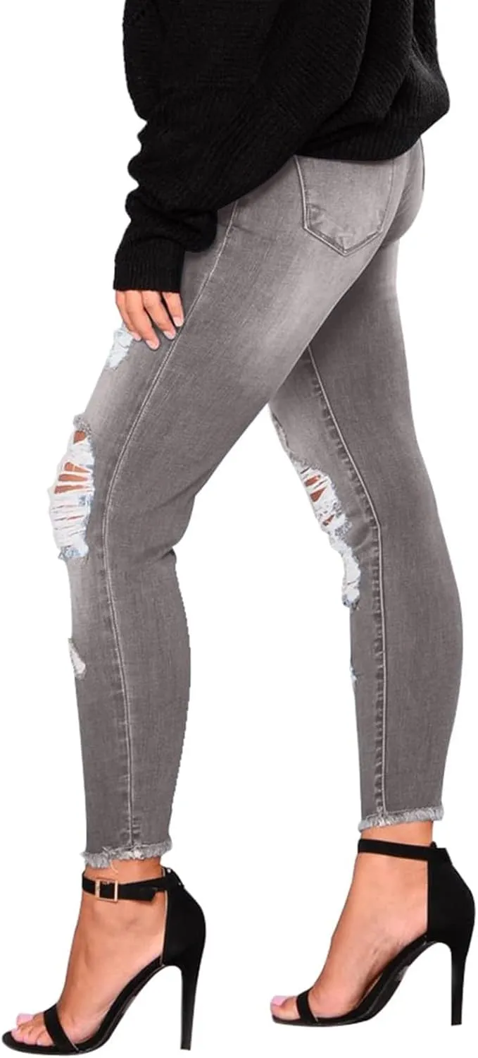 Skinny Jeans for Women Trendy Destroyed Ripped Stretchy High Waisted Jeans Casual Tummy Control Button Denim Pants