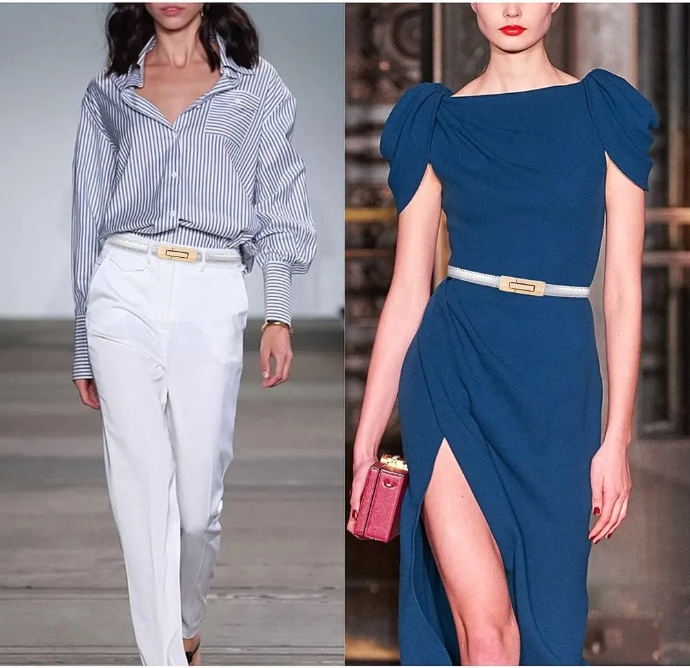 Skinny Leather Belts for Women Slim Waist Belt Patent Leather with Gold Buckle for Dress