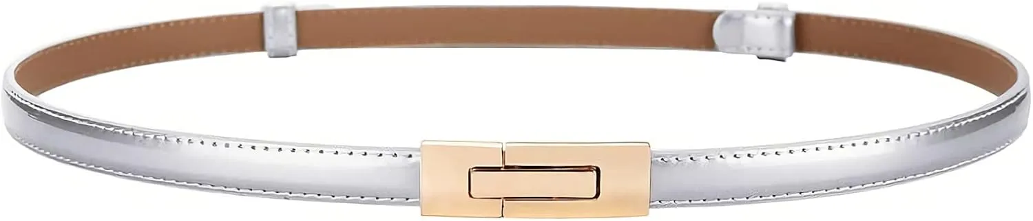 Skinny Leather Belts for Women Slim Waist Belt Patent Leather with Gold Buckle for Dress