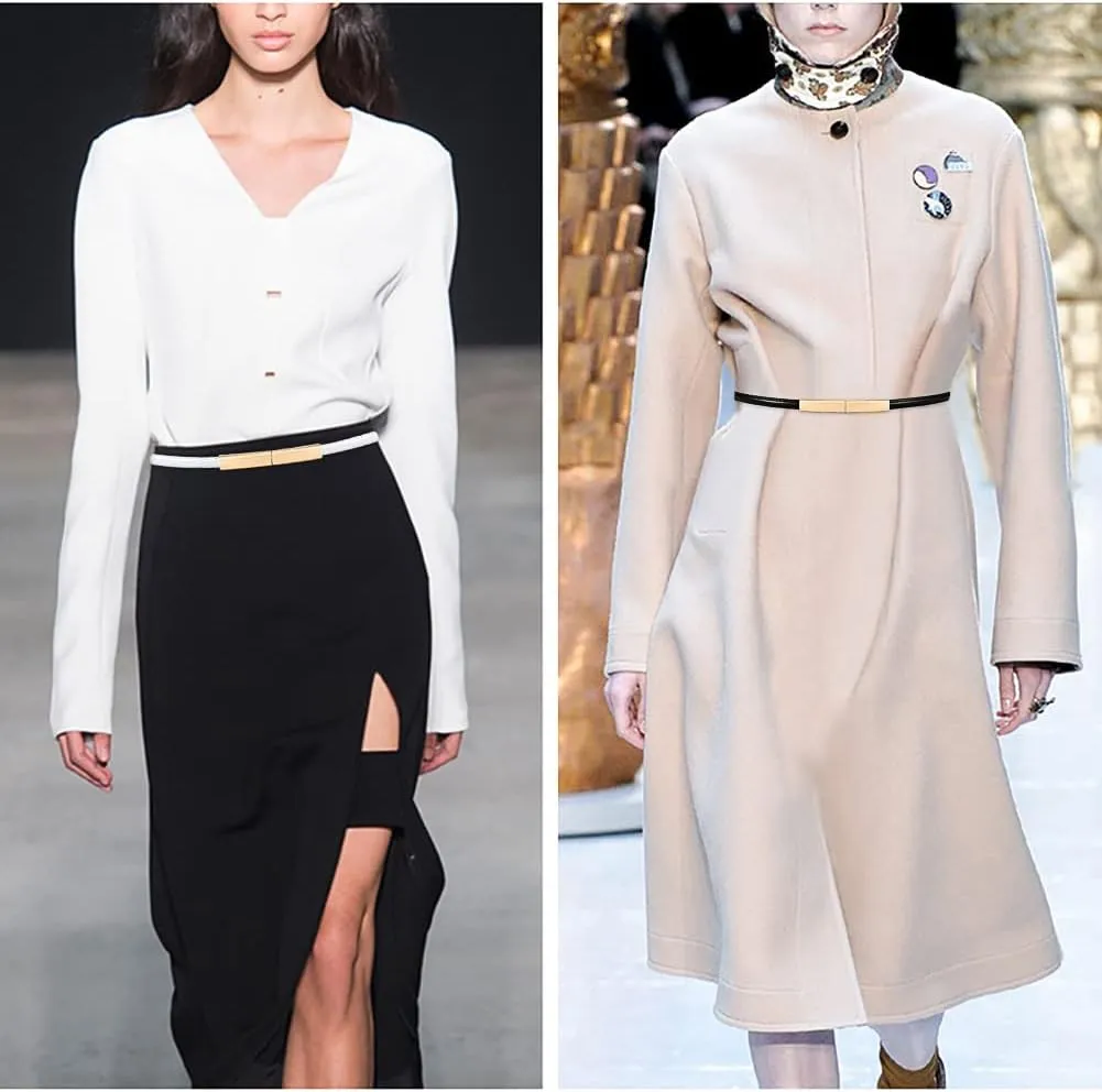 Skinny Leather Belts for Women Slim Waist Belt Patent Leather with Gold Buckle for Dress