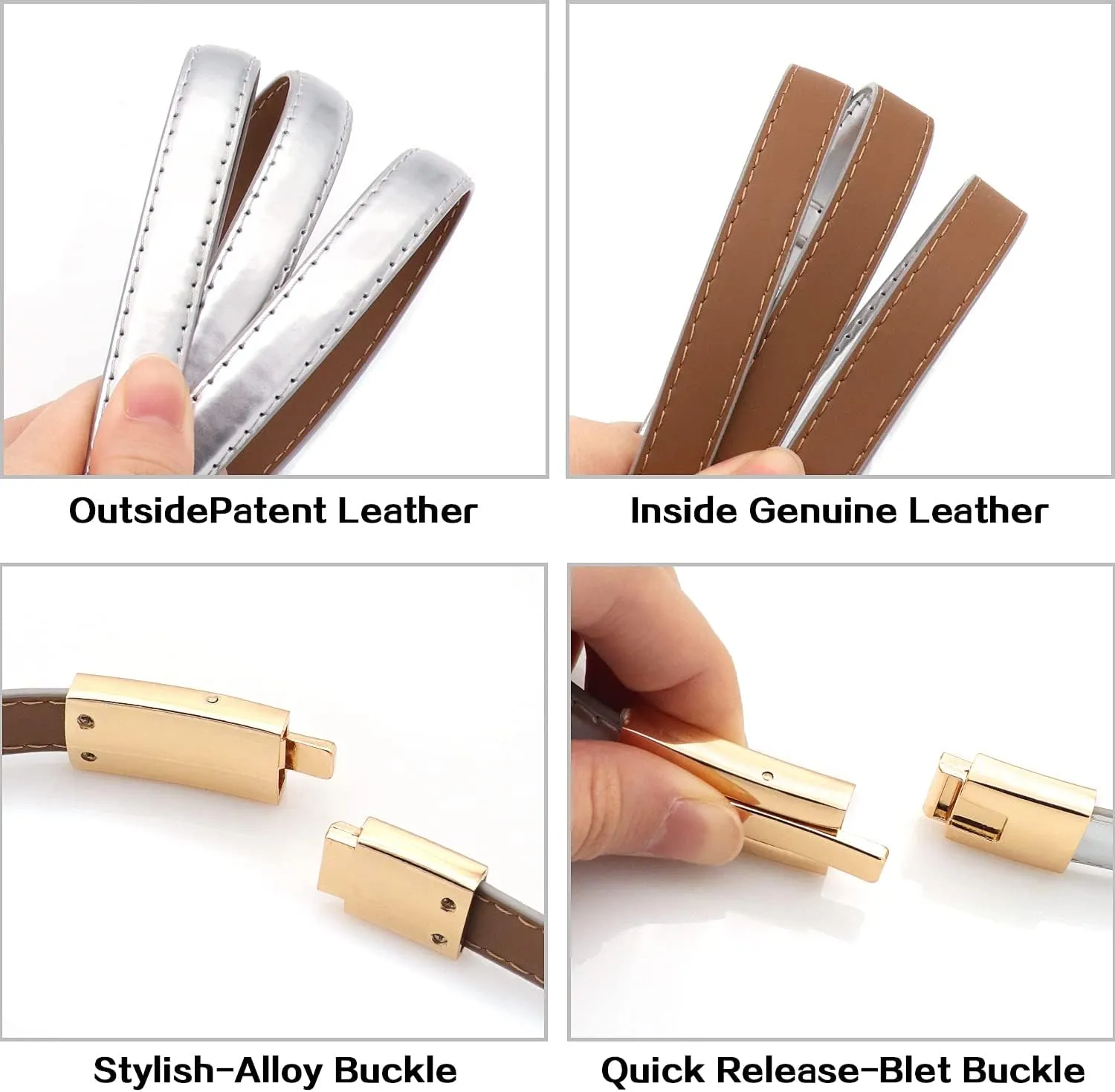Skinny Leather Belts for Women Slim Waist Belt Patent Leather with Gold Buckle for Dress