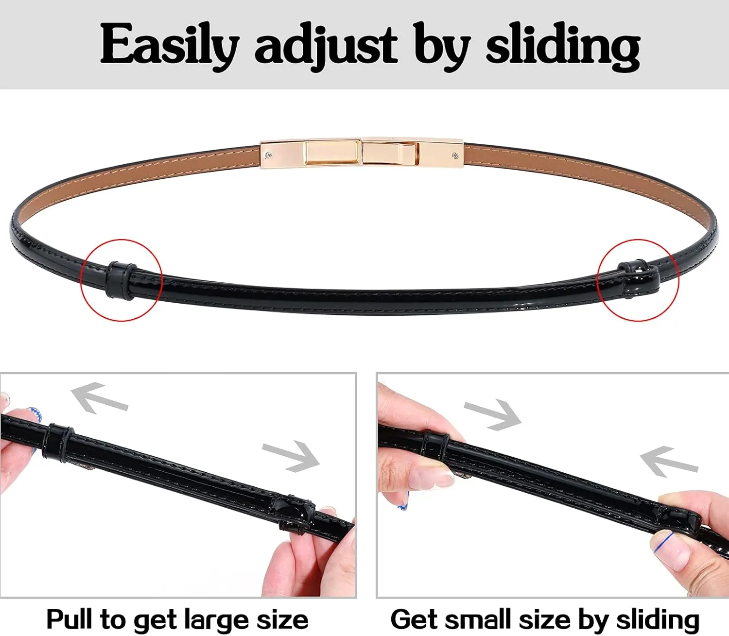 Skinny Leather Belts for Women Slim Waist Belt Patent Leather with Gold Buckle for Dress