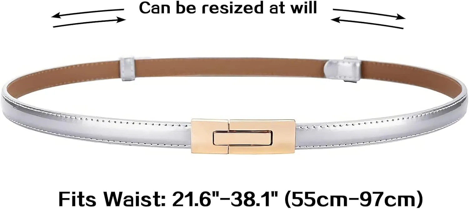 Skinny Leather Belts for Women Slim Waist Belt Patent Leather with Gold Buckle for Dress