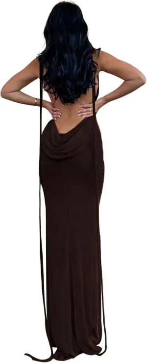 Slip Bodycon Dresses for Women Spaghetti Strap Lace Up Backless Cowl Neck Maxi Mermaid Cocktail Party Dress