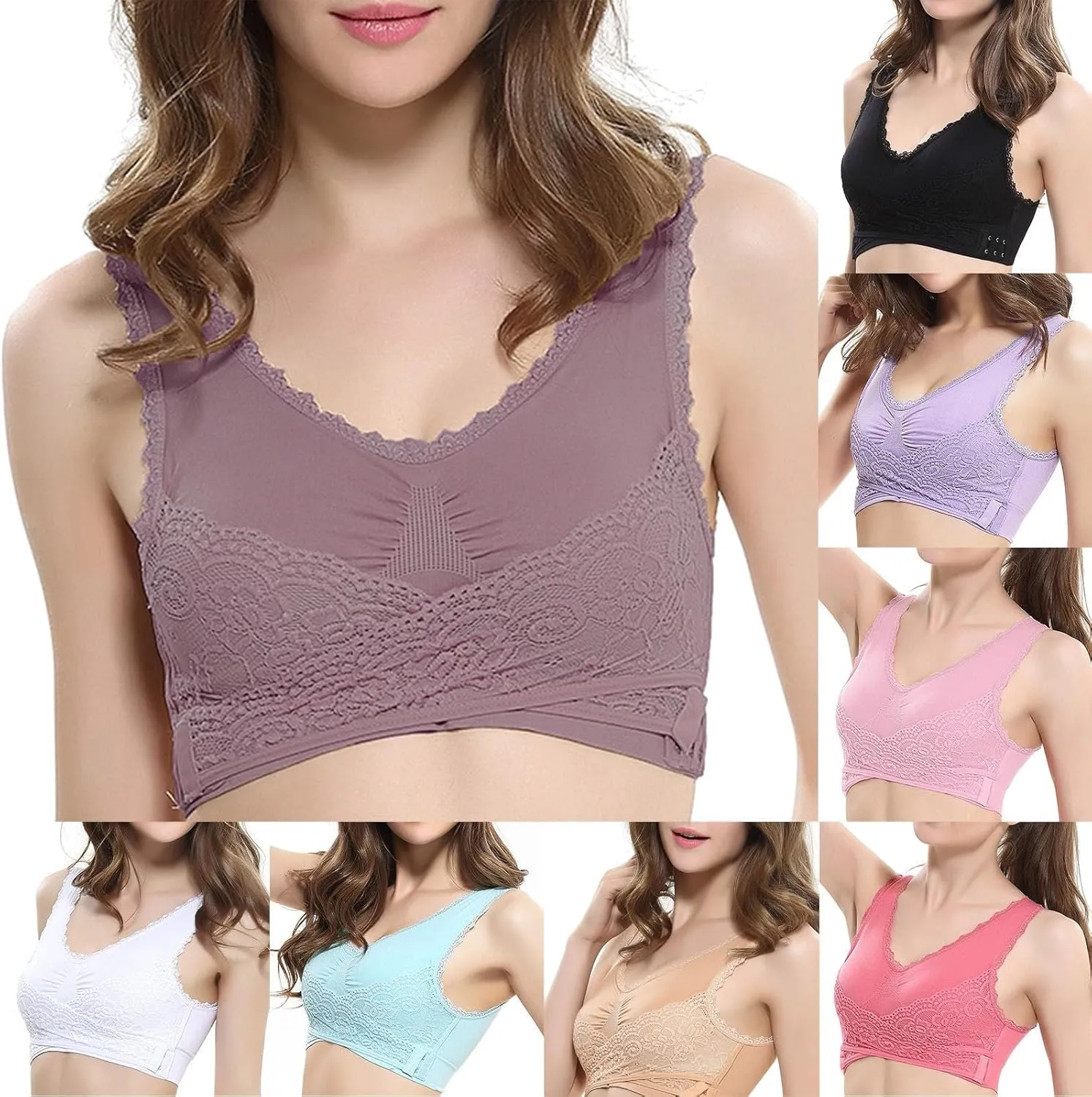 Sports Bras for Women Front Criss Cross Bras Side Buckle Lace Sports Bras Wireless Push Up Seamless Bra with Removable Pad