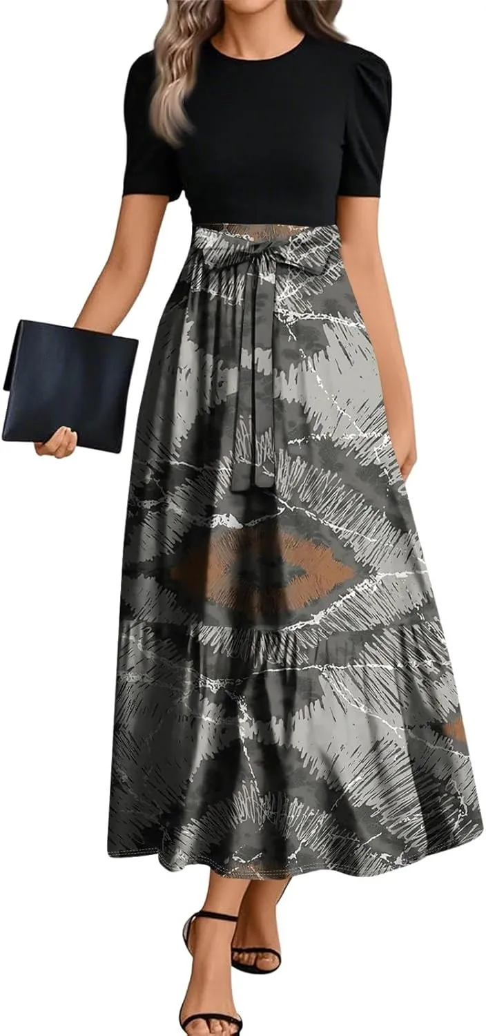 Spring Long Dresses for Women 2025 Wedding Guest Dress Plus Size Short Sleeve Crewneck Aline Dresses Elegant Dress