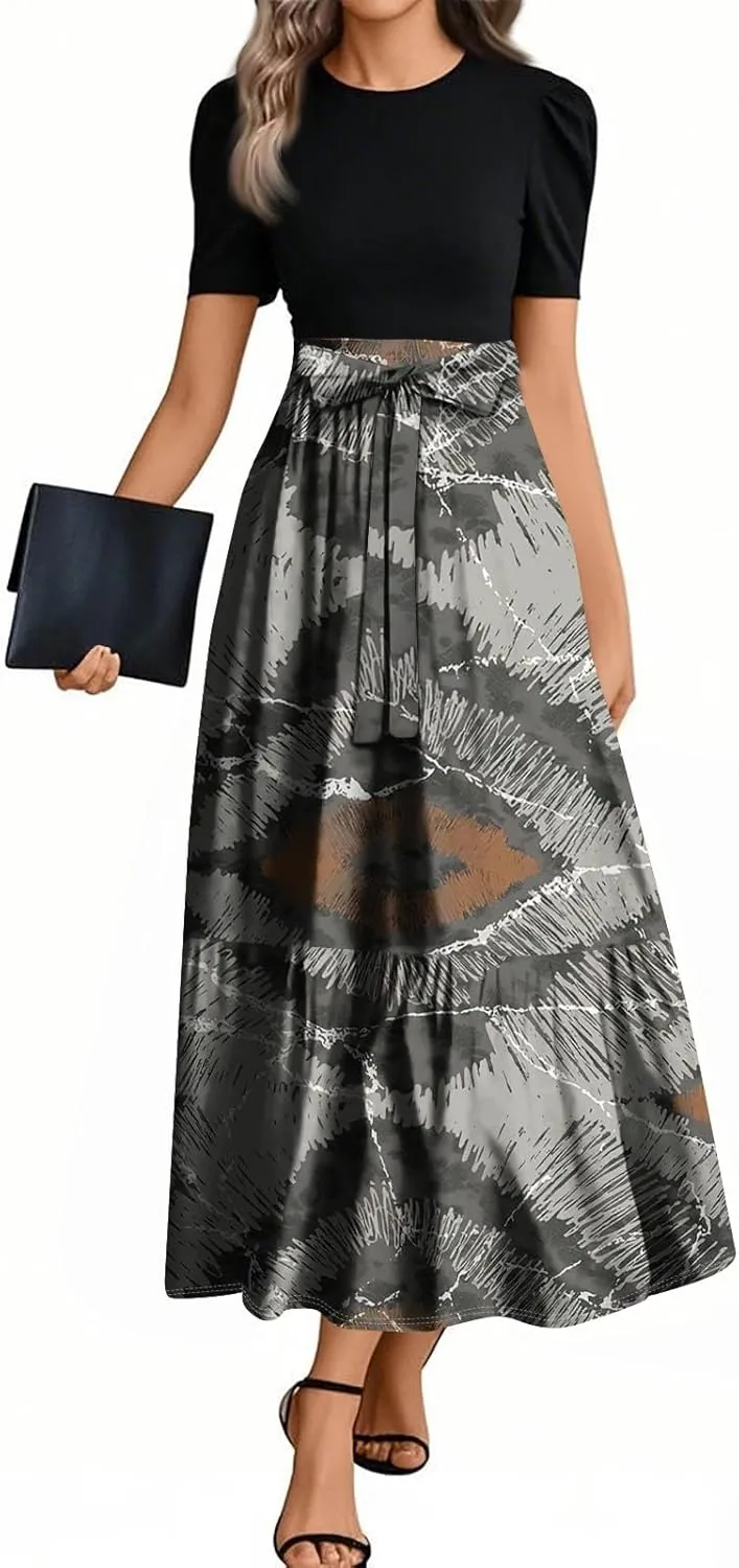 Spring Long Dresses for Women 2025 Wedding Guest Dress Plus Size Short Sleeve Crewneck Aline Dresses Elegant Dress