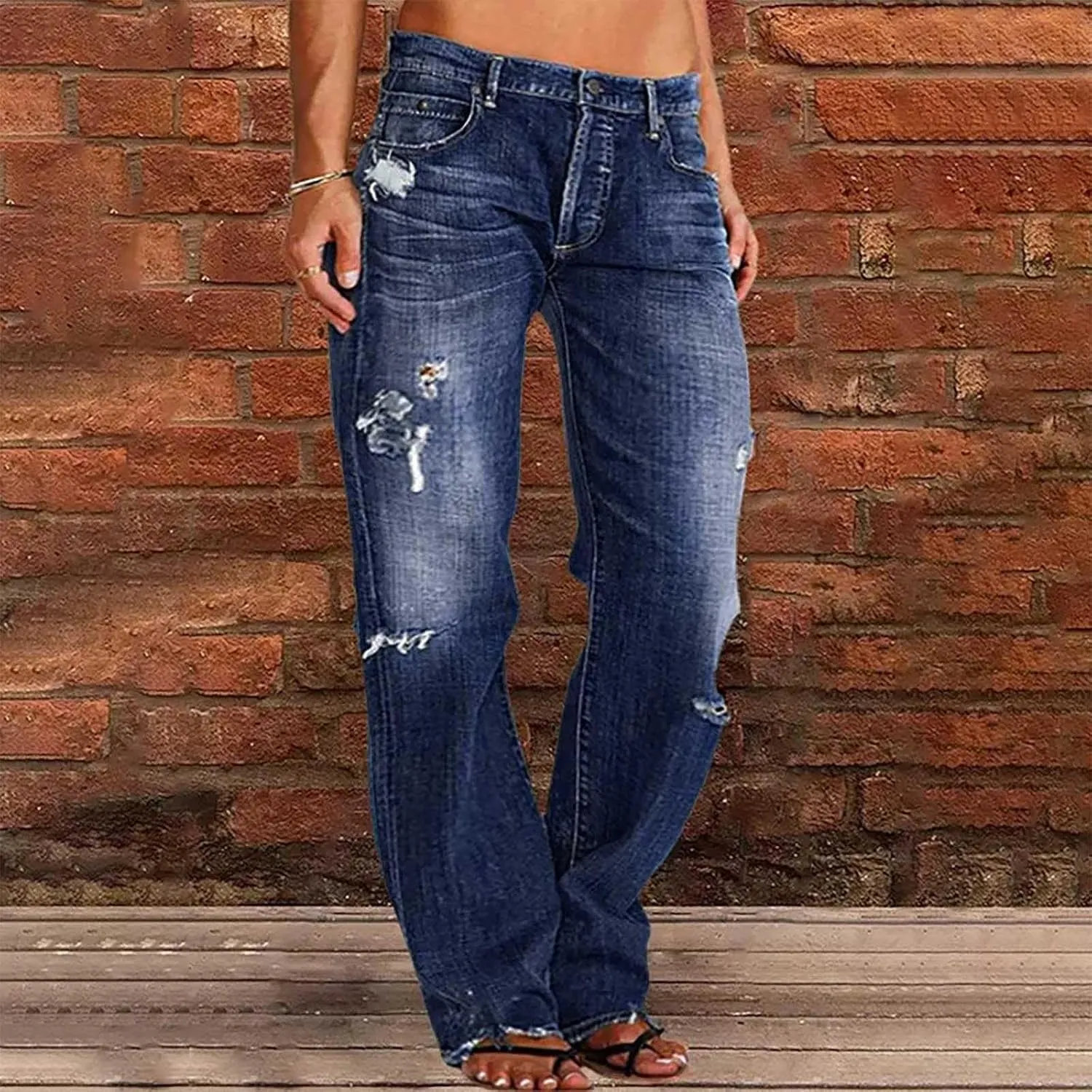 Straight Leg Jeans for Women Baggy Low Rise Ripped Jeans Casual Boyfriend Denim Pants with Pockets Trouser Jeans