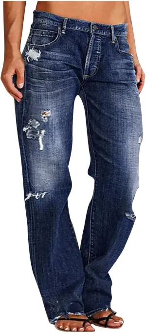 Straight Leg Jeans for Women Baggy Low Rise Ripped Jeans Casual Boyfriend Denim Pants with Pockets Trouser Jeans