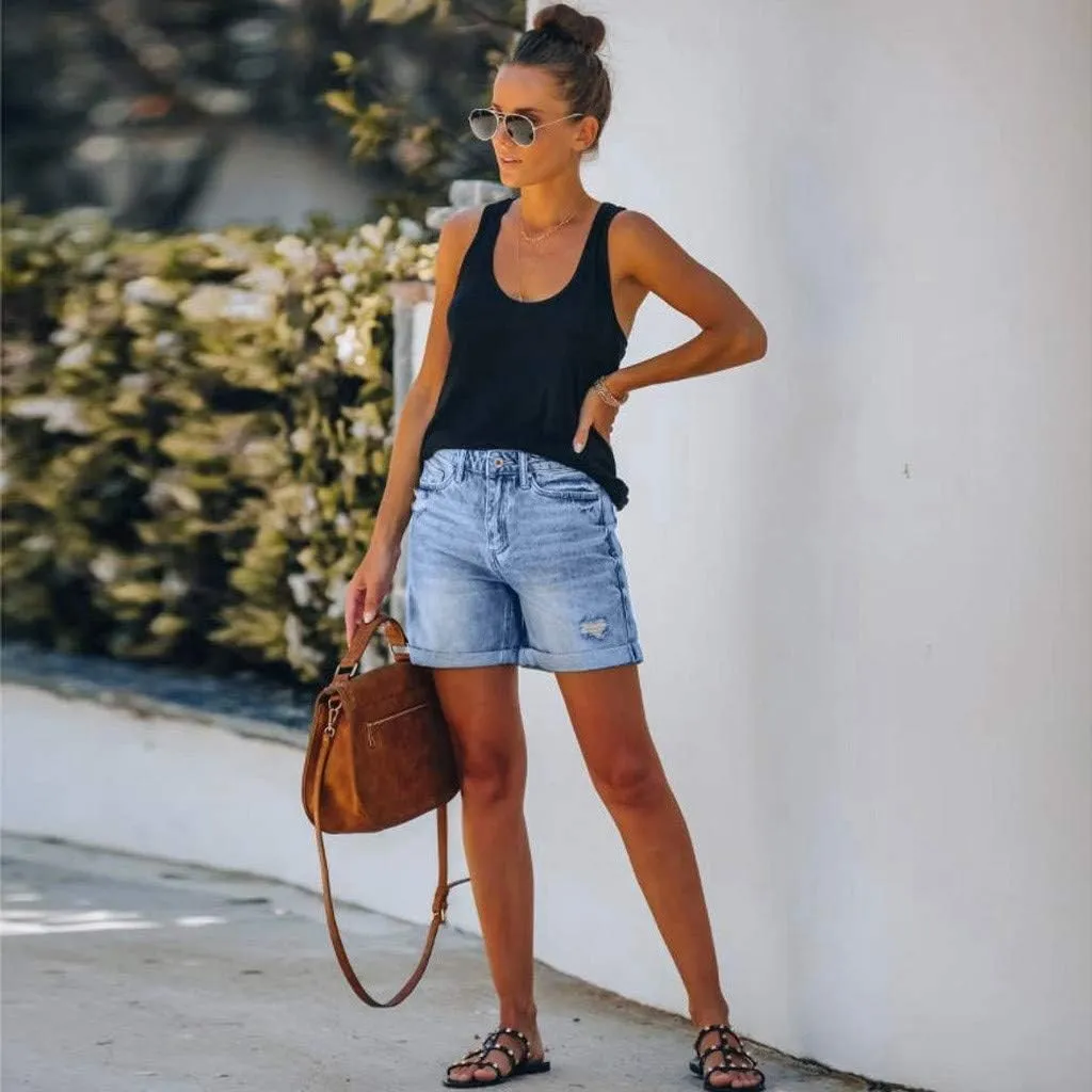 Stretchy Jean Shorts for Women High Waist Summer Beach Bermuda Shorts Casual Trendy Ripped Loose Fit Hot Denim Shorts