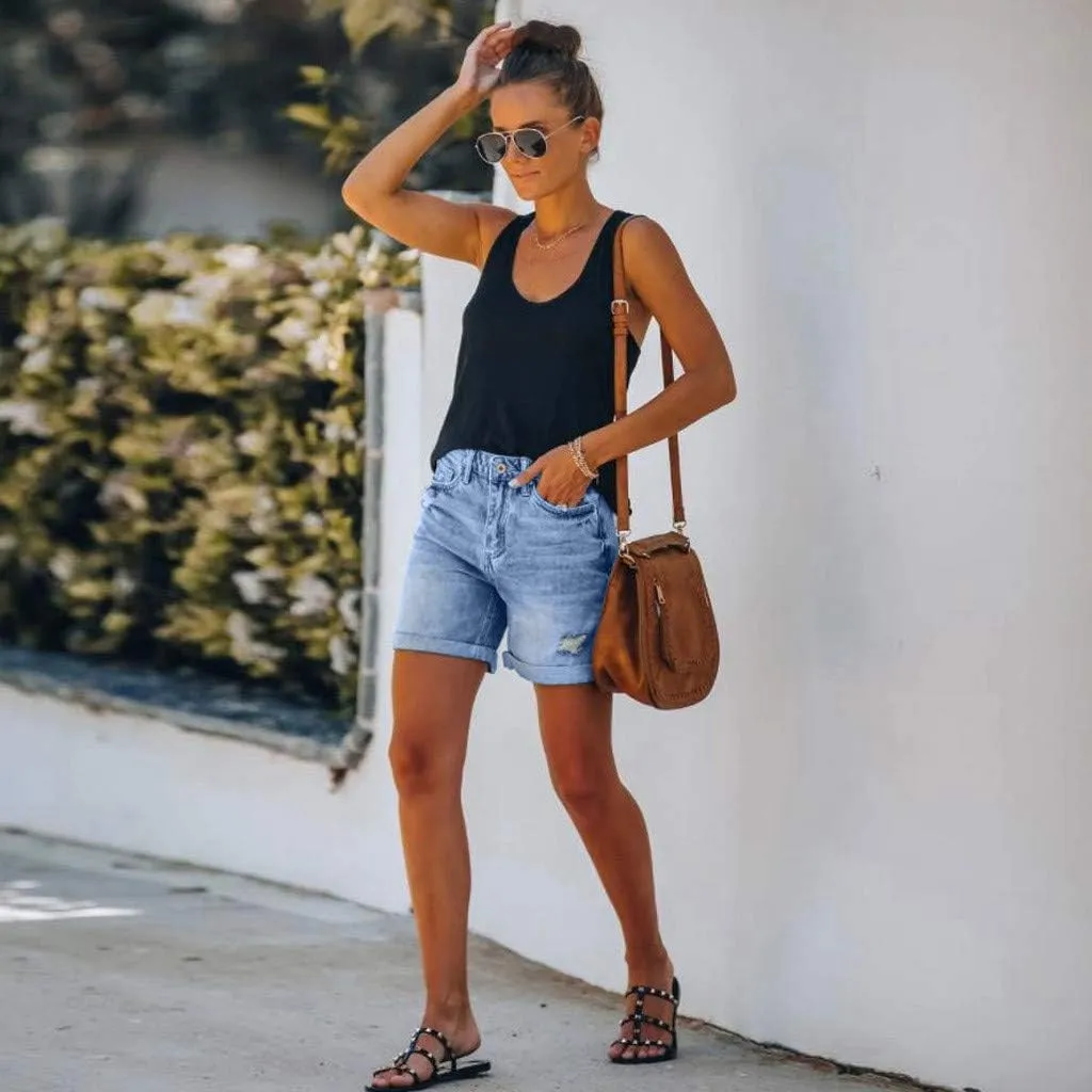 Stretchy Jean Shorts for Women High Waist Summer Beach Bermuda Shorts Casual Trendy Ripped Loose Fit Hot Denim Shorts